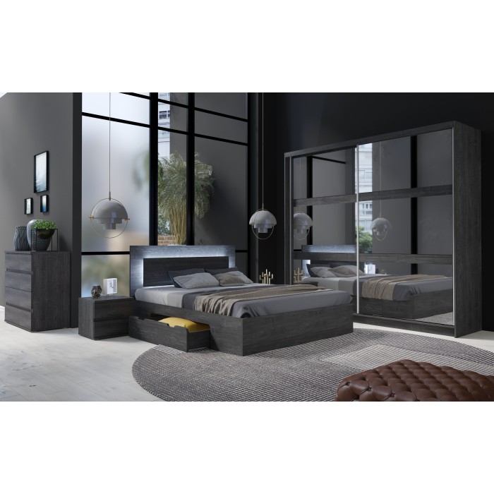 Armoire VELTIS 2 portes coulissantes avec miroir – L230 x H215 cm – Coloris frêne noir