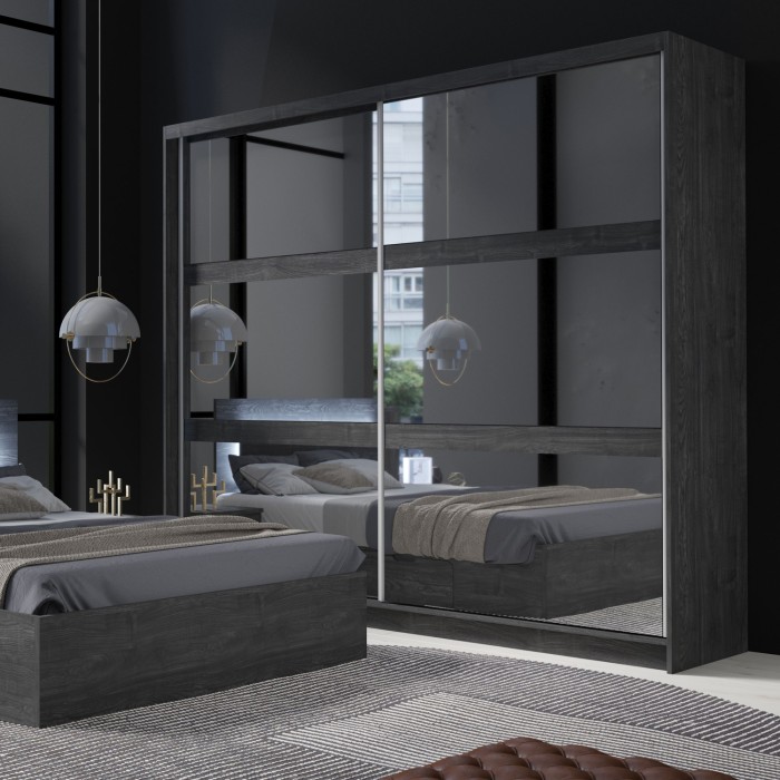 Armoire VELTIS 2 portes coulissantes avec miroir – L230 x H215 cm – Coloris frêne noir