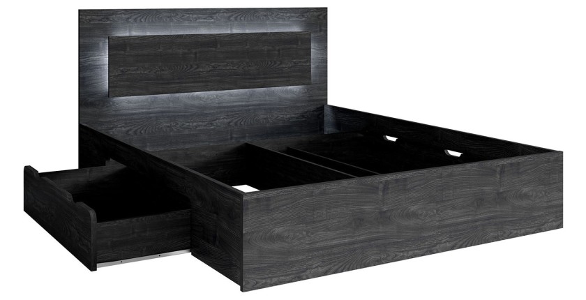 Lit VELTIS 180x200 cm avec tête de lit LED – Coloris frêne noir – Sommier et matelas non inclus