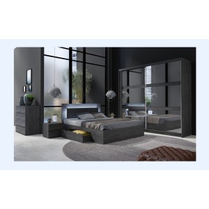 Lit VELTIS 180x200 cm avec tête de lit LED – Coloris frêne noir – Sommier et matelas non inclus