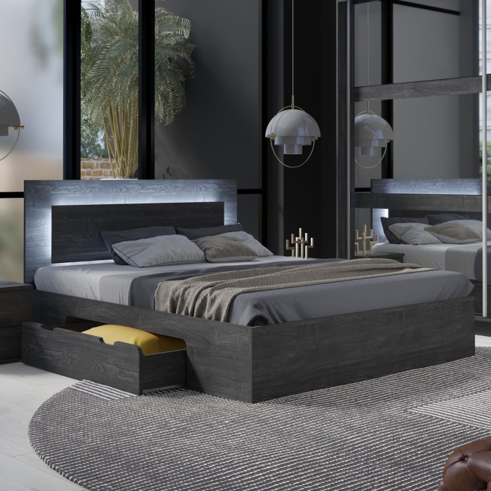 Ensemble lit VELTIS 160x200 cm avec sommier inclus – Tête de lit LED – Frêne noir – Matelas non inclus