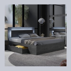 Ensemble lit VELTIS 160x200 cm avec sommier inclus – Tête de lit LED – Frêne noir – Matelas non inclus
