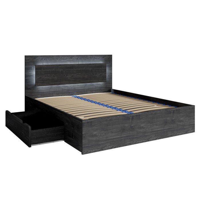 Ensemble lit VELTIS 160x200 cm avec sommier inclus – Tête de lit LED – Frêne noir – Matelas non inclus
