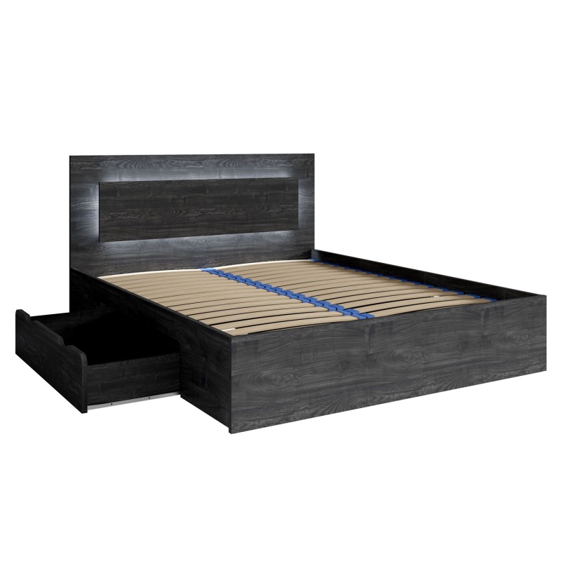 Ensemble lit VELTIS 180x200 cm avec sommier inclus – Tête de lit LED – Frêne noir – Matelas non inclus