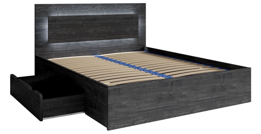 Ensemble lit VELTIS 180x200 cm avec sommier inclus – Tête de lit LED – Frêne noir – Matelas non inclus