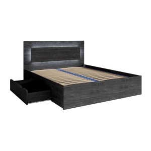 Ensemble lit VELTIS 180x200 cm avec sommier inclus – Tête de lit LED – Frêne noir – Matelas non inclus