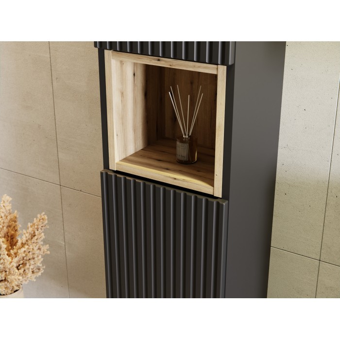 Colonne de salle de bain VANO – 2 portes + 1 niche – Noir mat – L30 × P25 × H140 cm – À suspendre 