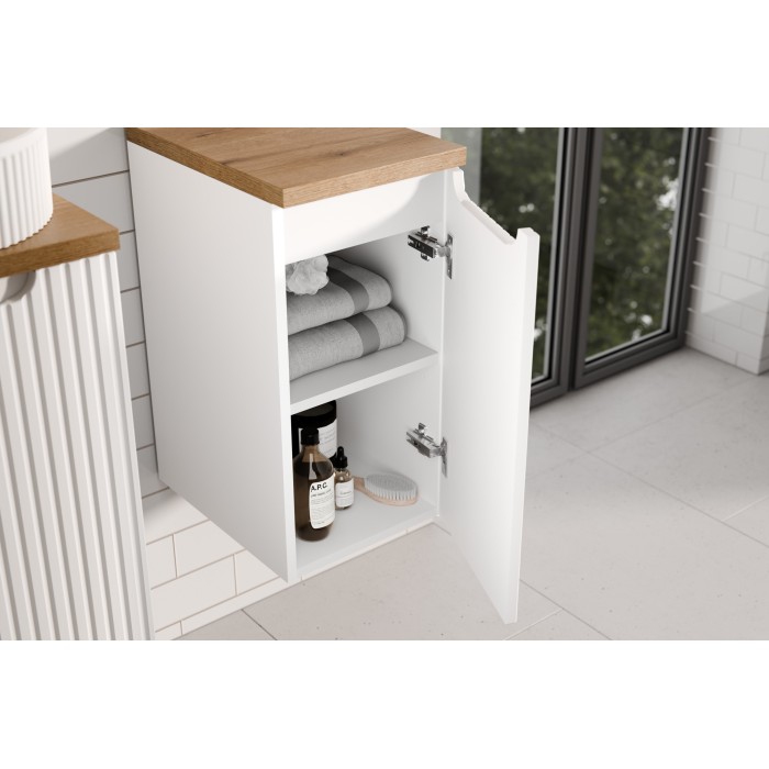 Meuble de rangement de salle de bain VANO – 1 porte – Blanc alpin – L30 × P18 × H57 cm – À suspendre 