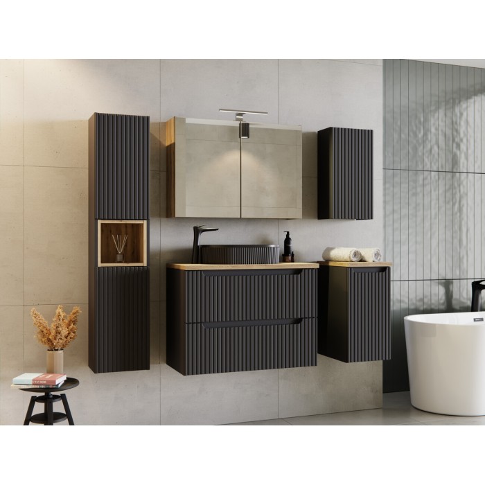 Meuble de salle de bain VANO – 1 porte – Noir mat – L30 × P18 × H57 cm – À suspendre