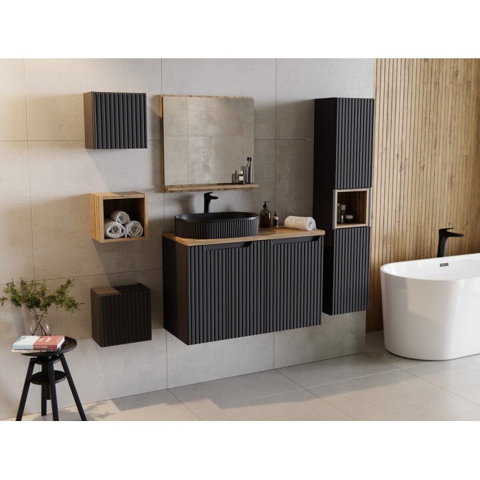 Meuble de rangement VANO – Panier à linge intégré – Noir mat – L40 × P39 × H57 cm – À suspendre