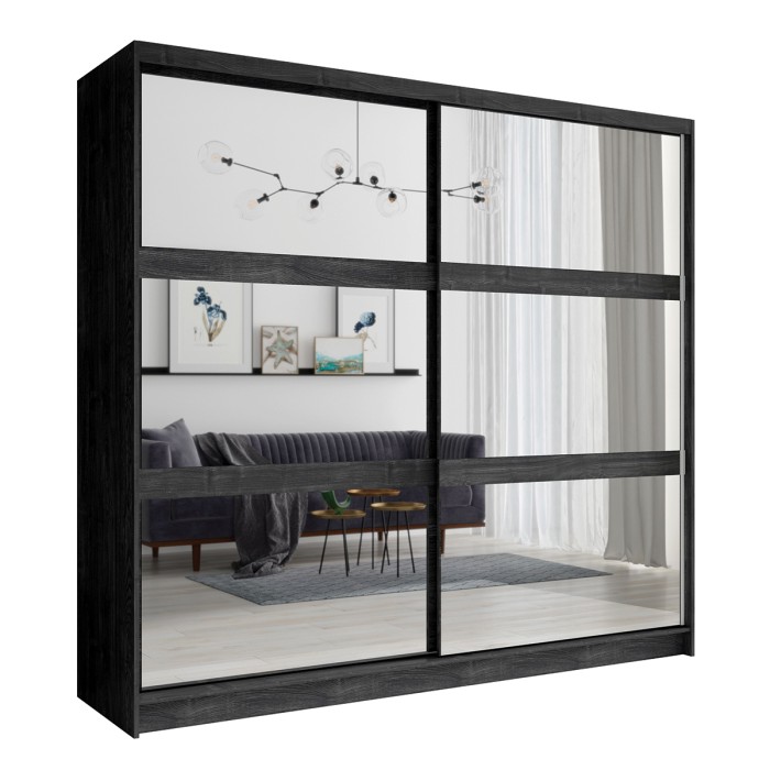 Chambre complète VELTIS – Lit 160x200 LED avec sommier + armoire + commode + chevets – Frêne noir