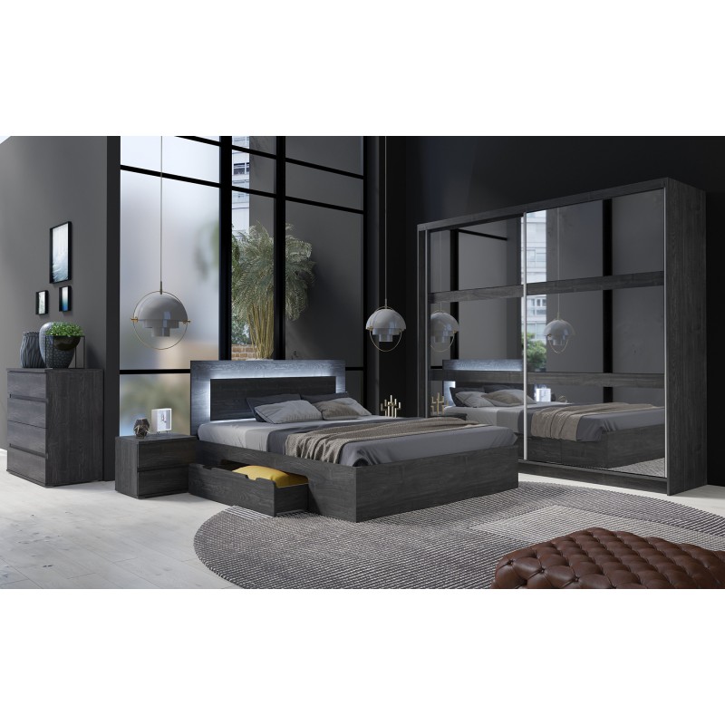 Chambre complète VELTIS – Lit 180x200 LED avec sommier + armoire + commode + chevets – Frêne noir