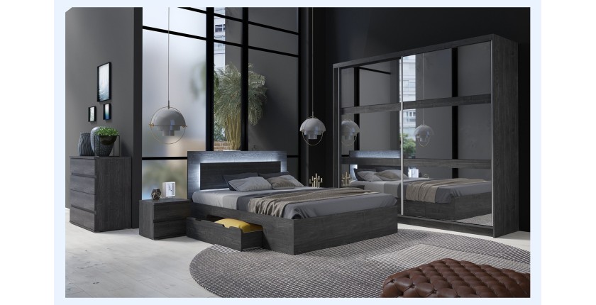 Chambre complète VELTIS – Lit 180x200 LED avec sommier + armoire + commode + chevets – Frêne noir