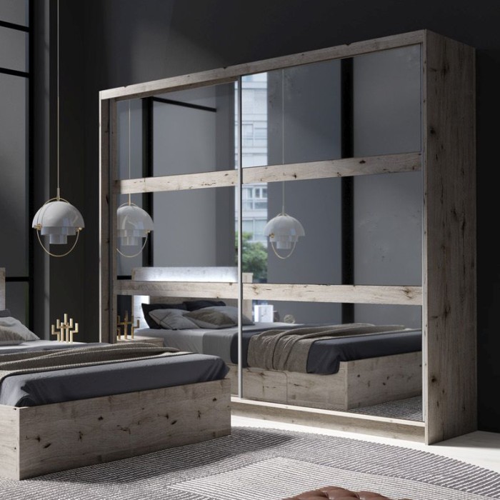 Armoire VELTIS 2 portes coulissantes avec miroir – L230 x H215 cm – Coloris chêne Wellington