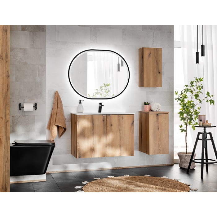 Meuble de rangement de salle de bain VANO – 1 porte – Coloris chêne – L30 × P57 × H18 cm – À suspendre