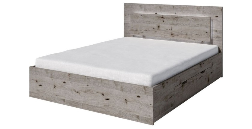 Ensemble lit VELTIS 160x200 cm avec sommier inclus – Tête de lit LED – Chêne Wellington – Matelas non inclus