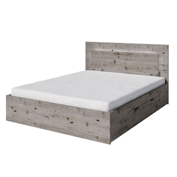 Ensemble lit VELTIS 180x200 cm avec sommier inclus – Tête de lit LED – Chêne Wellington – Matelas non inclus