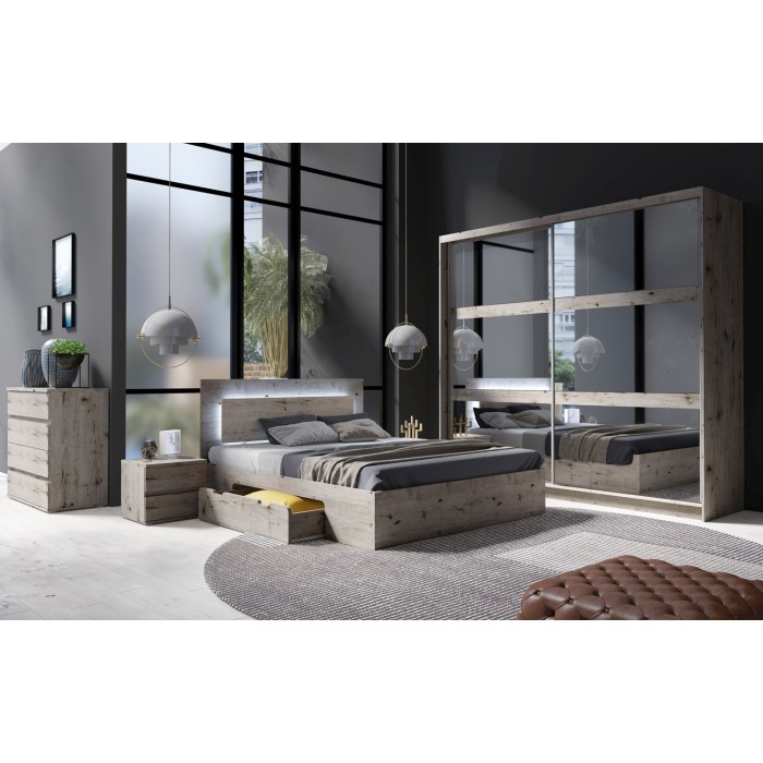 Chambre complète VELTIS – Lit 180x200 LED avec sommier + armoire + commode + chevets – Frêne noir