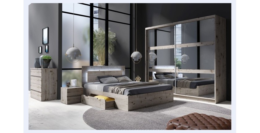 Chambre complète VELTIS – Lit 180x200 LED avec sommier + armoire + commode + chevets – Frêne noir