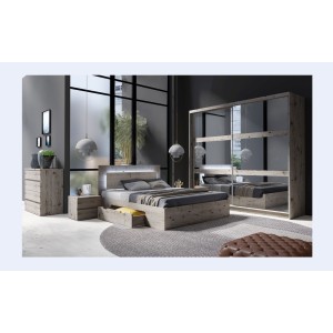 Chambre complète VELTIS – Lit 180x200 LED avec sommier + armoire + commode + chevets – Frêne noir