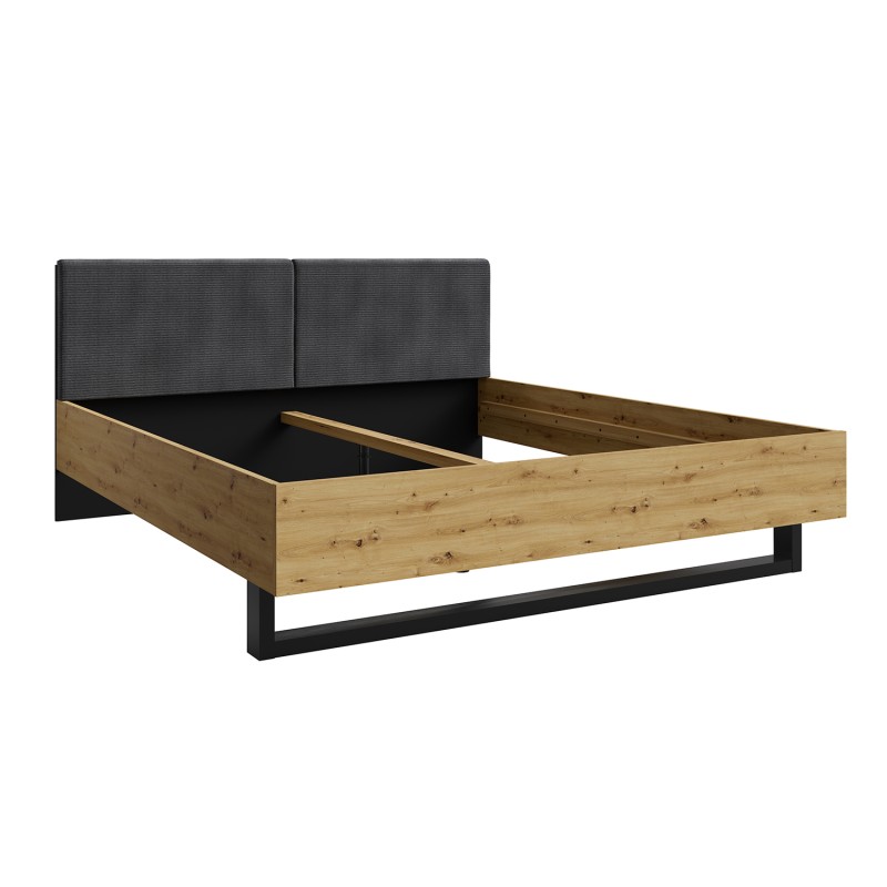 Lit MELODY 160x200 cm – Tête de lit rembourrée – Noir graphite et chêne clair – Sommier et matelas non inclus