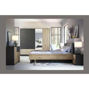 Lit MELODY 160x200 cm – Tête de lit rembourrée – Noir graphite et chêne clair – Sommier et matelas non inclus