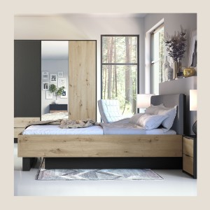 Lit MELODY 160x200 cm – Tête de lit rembourrée – Noir graphite et chêne clair – Sommier et matelas non inclus