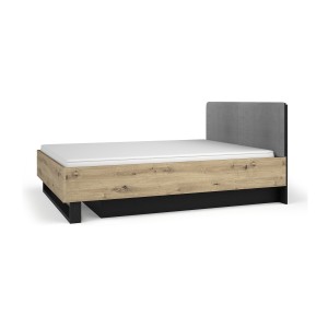 Lit MELODY 160x200 cm – Tête de lit rembourrée – Noir graphite et chêne clair – Sommier et matelas non inclus