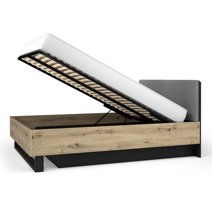 Lit coffre MELODY 160x200 cm – Tête de lit rembourrée – Noir graphite et chêne clair – 5 colis