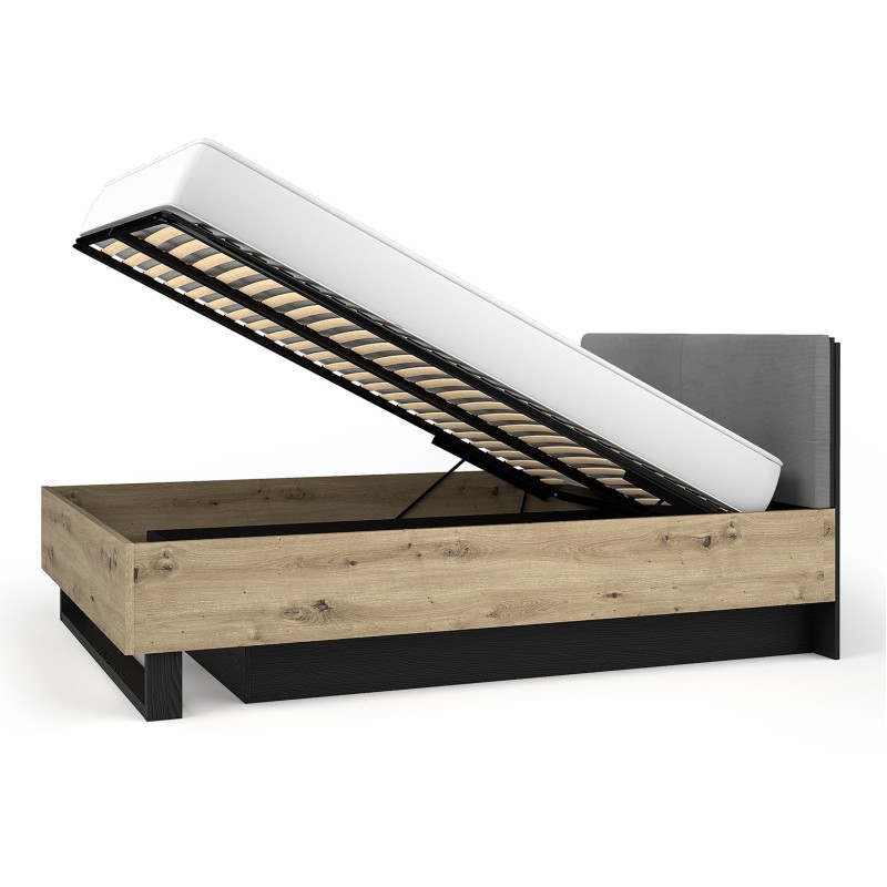 Lit coffre MELODY 160x200 cm – Tête de lit rembourrée – Noir graphite et chêne clair – 5 colis