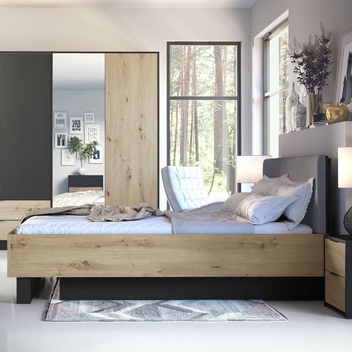 Lit coffre MELODY 160x200 cm – Tête de lit rembourrée – Noir graphite et chêne clair – 5 colis