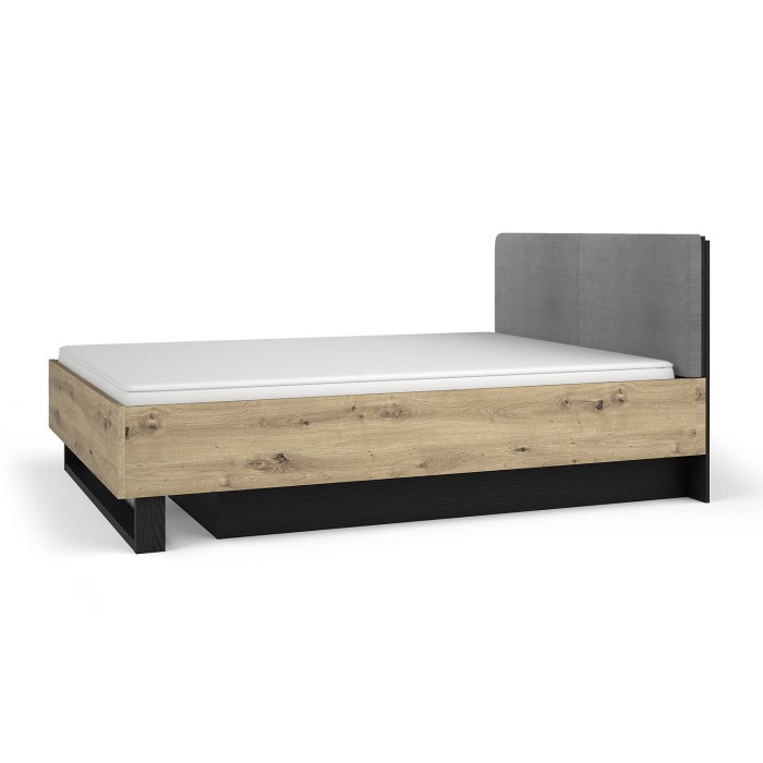 Lit coffre MELODY 160x200 cm – Tête de lit rembourrée – Noir graphite et chêne clair – 5 colis