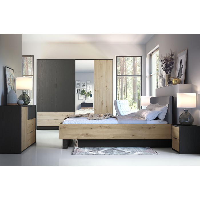 Lit coffre MELODY 160x200 cm – Tête de lit rembourrée – Noir graphite et chêne clair – 5 colis