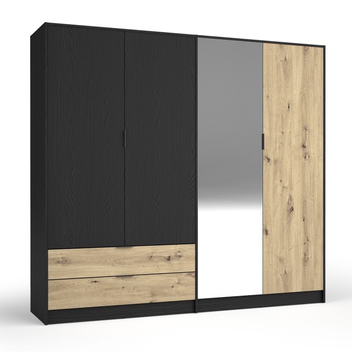Chambre complète MELODY – Lit coffre 180x200 + armoire + commode + chevets – Noir graphite et chêne clair – Matelas non inclus