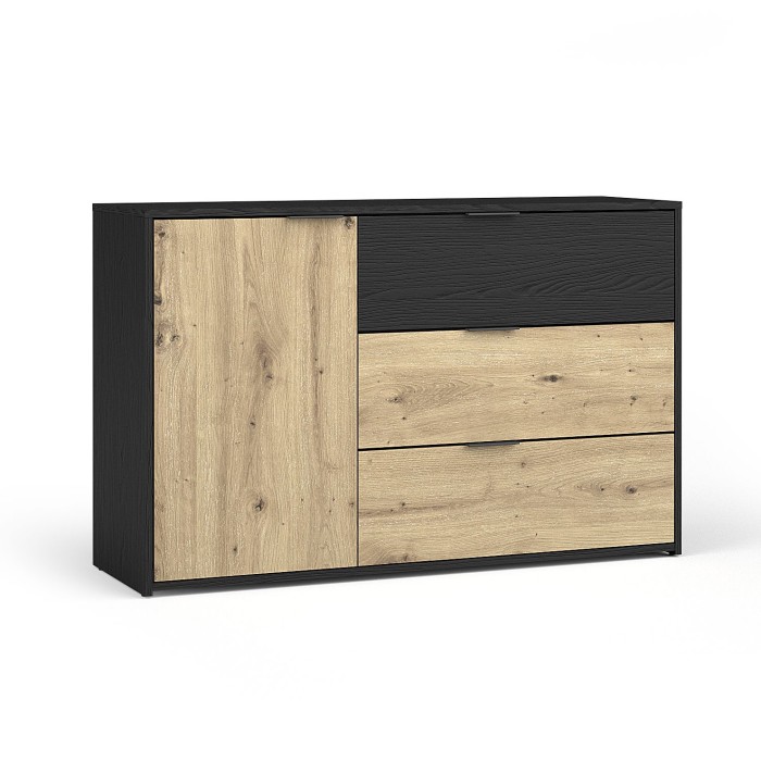 Chambre complète MELODY – Lit coffre 180x200 + armoire + commode + chevets – Noir graphite et chêne clair – Matelas non inclus