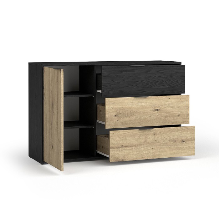 Chambre complète MELODY – Lit coffre 180x200 + armoire + commode + chevets – Noir graphite et chêne clair – Matelas non inclus
