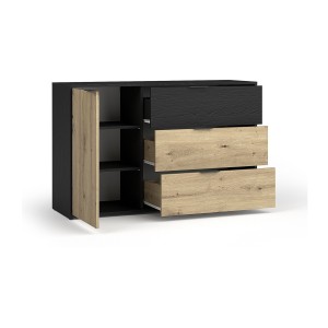 Chambre complète MELODY – Lit coffre 180x200 + armoire + commode + chevets – Noir graphite et chêne clair – Matelas non inclus