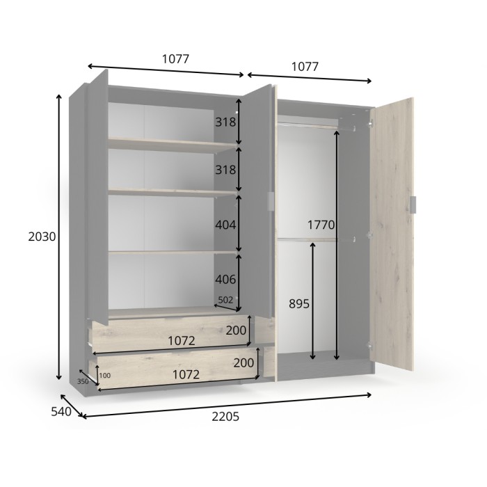 Chambre complète MELODY – Lit coffre 180x200 + armoire + commode + chevets – Noir graphite et chêne clair – Matelas non inclus