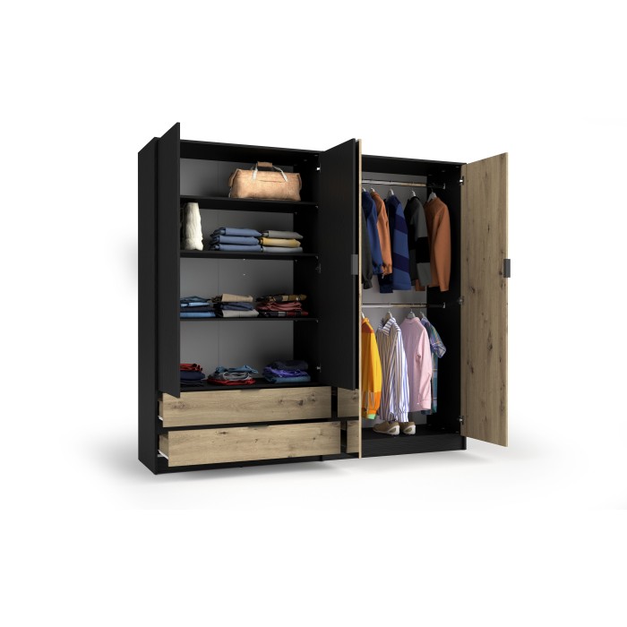 Chambre complète MELODY – Lit coffre 180x200 + armoire + commode + chevets – Noir graphite et chêne clair – Matelas non inclus