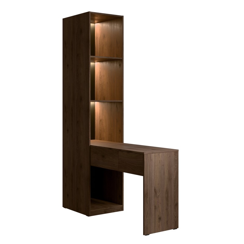 Extension coiffeuse NORVIK – Avec miroir, tiroir, LED intégrée et niches de rangement – Noyer et noir