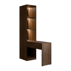 Extension coiffeuse NORVIK – Avec miroir, tiroir, LED intégrée et niches de rangement – Noyer et noir