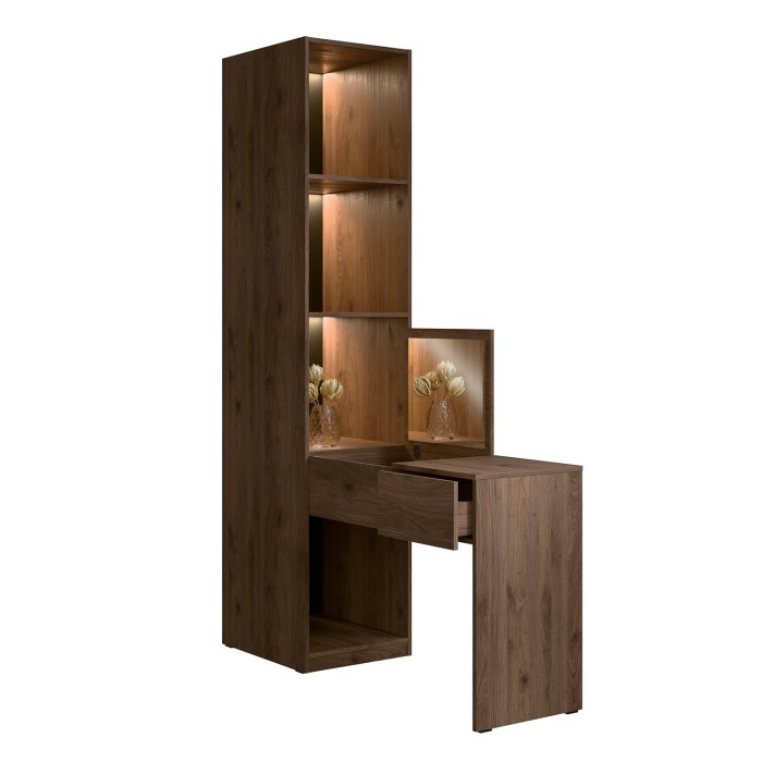 Extension coiffeuse NORVIK – Avec miroir, tiroir, LED intégrée et niches de rangement – Noyer et noir