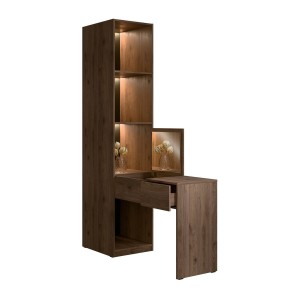 Extension coiffeuse NORVIK – Avec miroir, tiroir, LED intégrée et niches de rangement – Noyer et noir