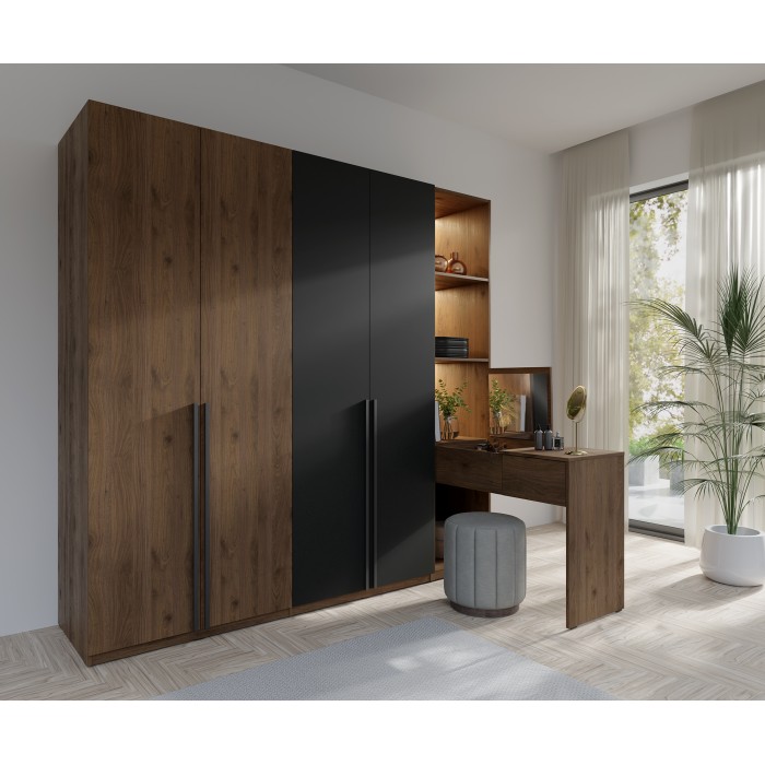 Armoire 4 portes avec coiffeuse intégrée NORVIK – Noyer et noir – Miroir, LED et rangements inclus