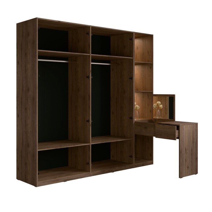 Armoire 4 portes avec coiffeuse intégrée NORVIK – Noyer et noir – Miroir, LED et rangements inclus
