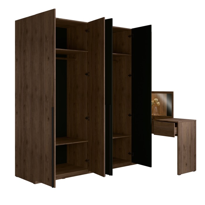 Armoire 4 portes avec coiffeuse intégrée NORVIK – Noyer et noir – Miroir, LED et rangements inclus