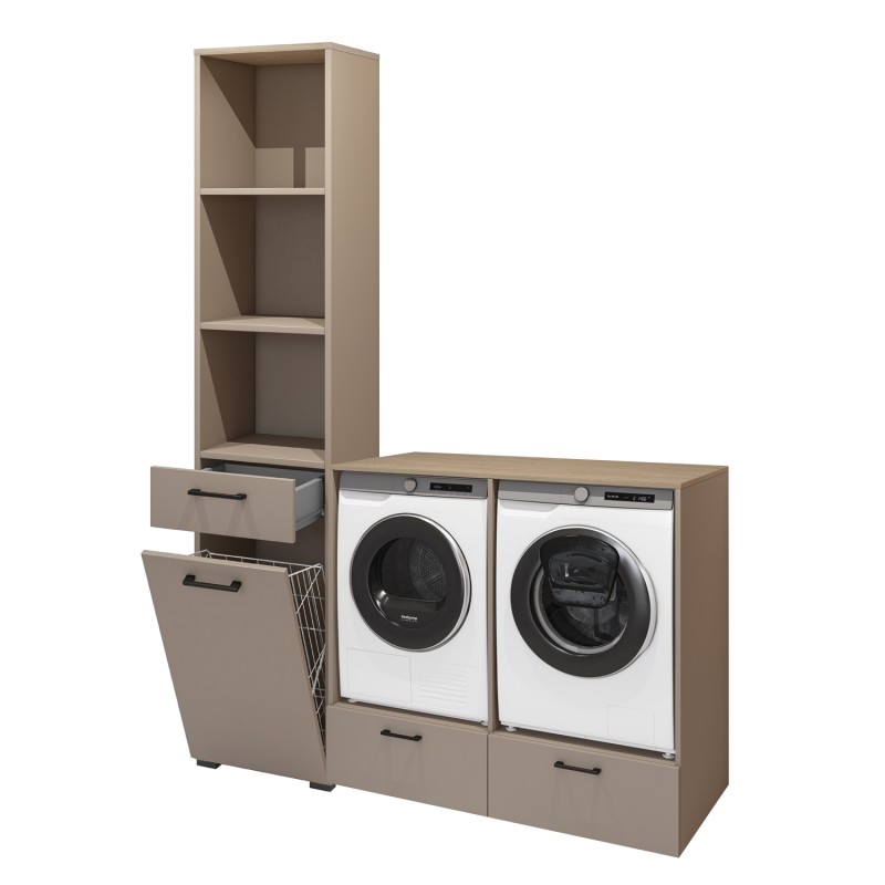 Ensemble de meuble de rangement pour machine à laver et sèche-linge collection WASHING – Taupe et chêne