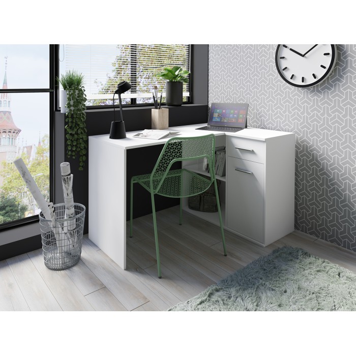 Bureau d’angle LYMA blanc – 1 tiroir, 1 porte et 2 niches – Compact, pratique et moderne