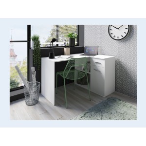 Bureau d’angle LYMA blanc – 1 tiroir, 1 porte et 2 niches – Compact, pratique et moderne