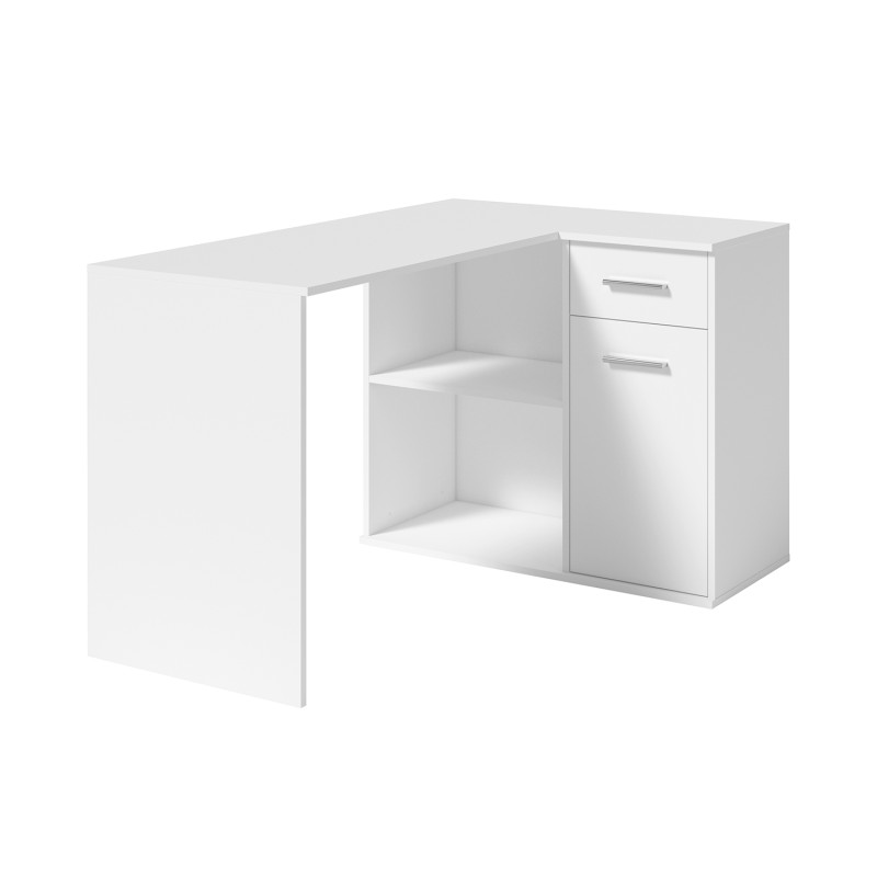 Bureau d’angle LYMA blanc – 1 tiroir, 1 porte et 2 niches – Compact, pratique et moderne